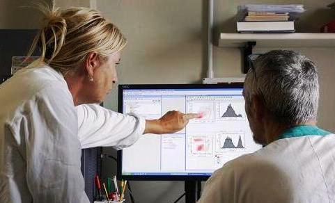 Data interpretation with the FACS (Fluorescent-Activated Cell Sorter) instrument, a computerized system that analyzes samples of cells labeled with monoclonal antibodies.